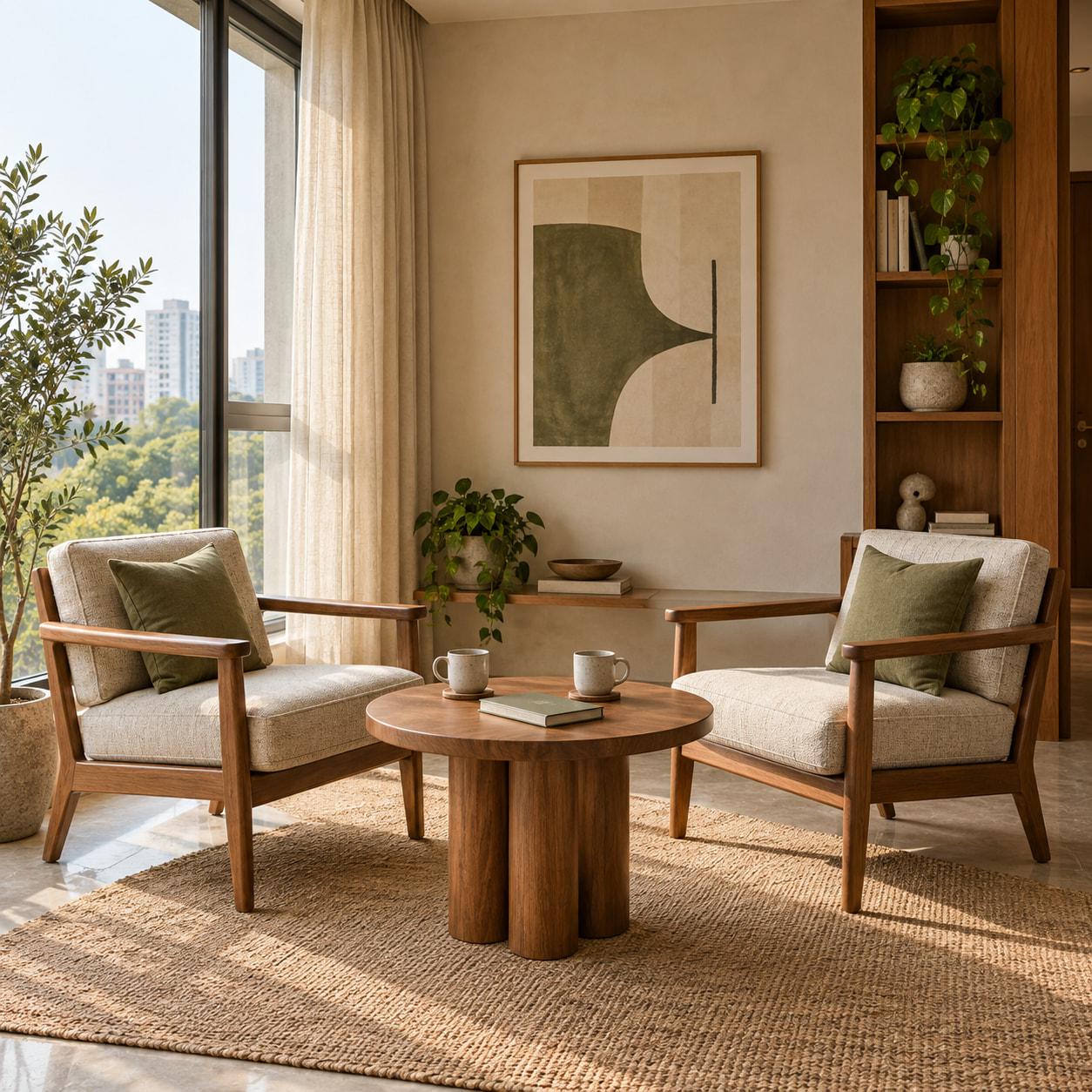 Conversation nook concept with two timber armchairs, a small round table, and natural daylight