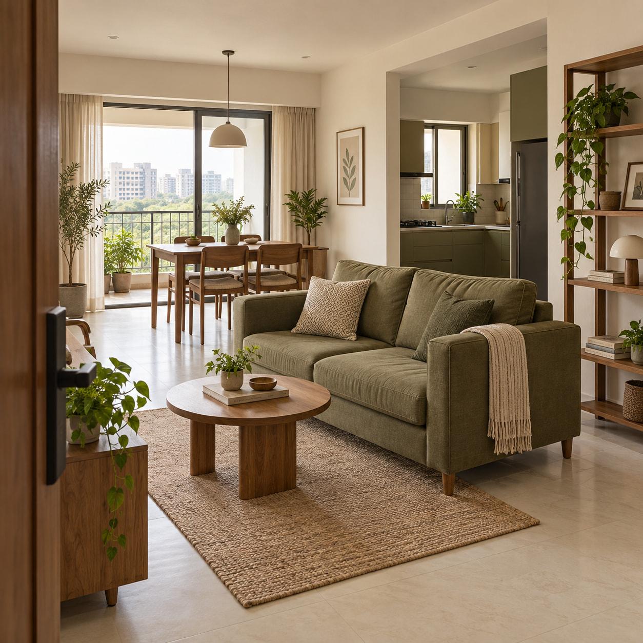 Compact apartment design concept with a living area, dining table, and kitchen connected by clear walkways