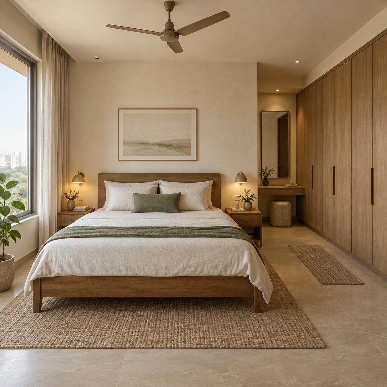 Bedroom design concept with a timber bed, linen bedding, built-in wardrobes, and a daylight window
