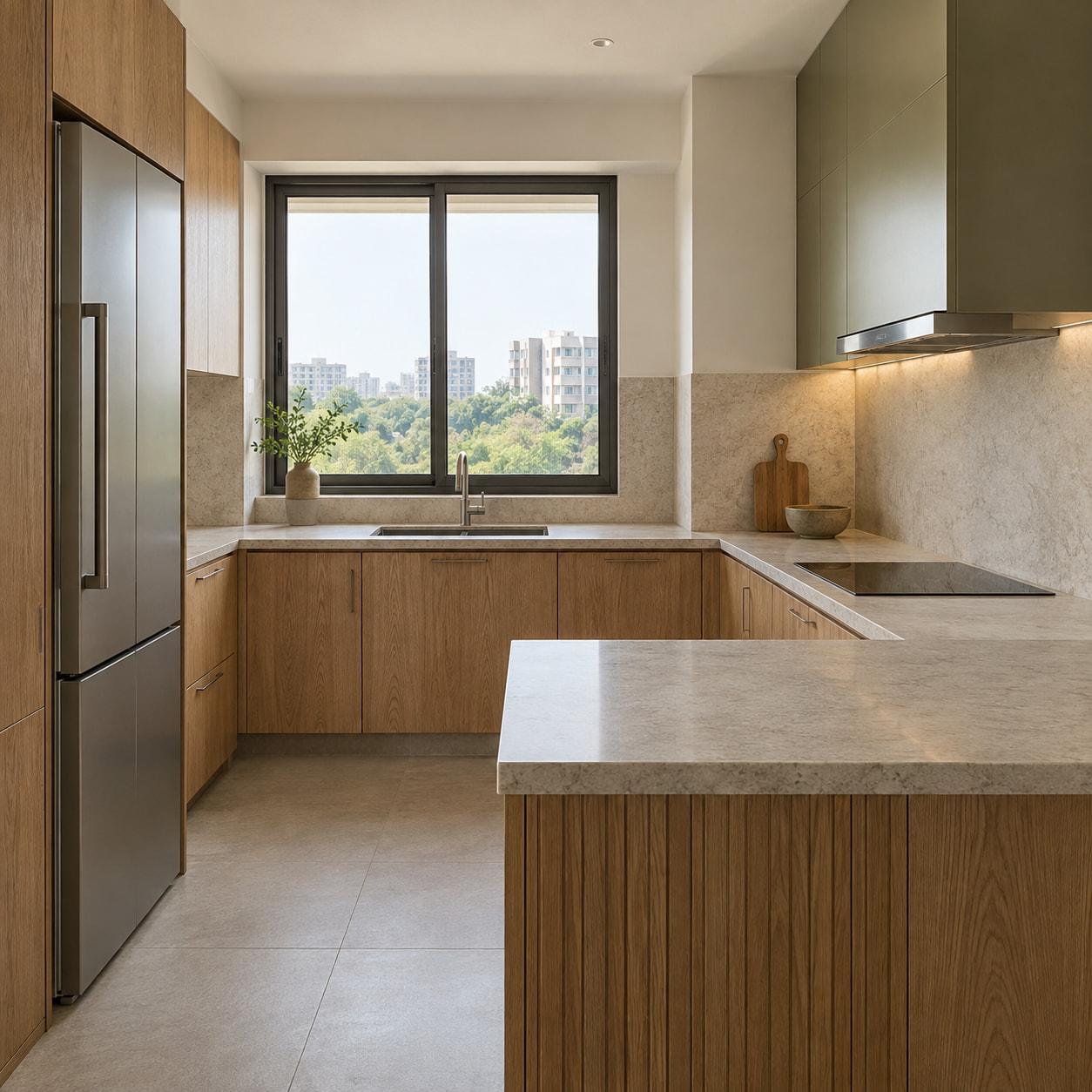Kitchen concept showing timber cabinetry and a pale worktop