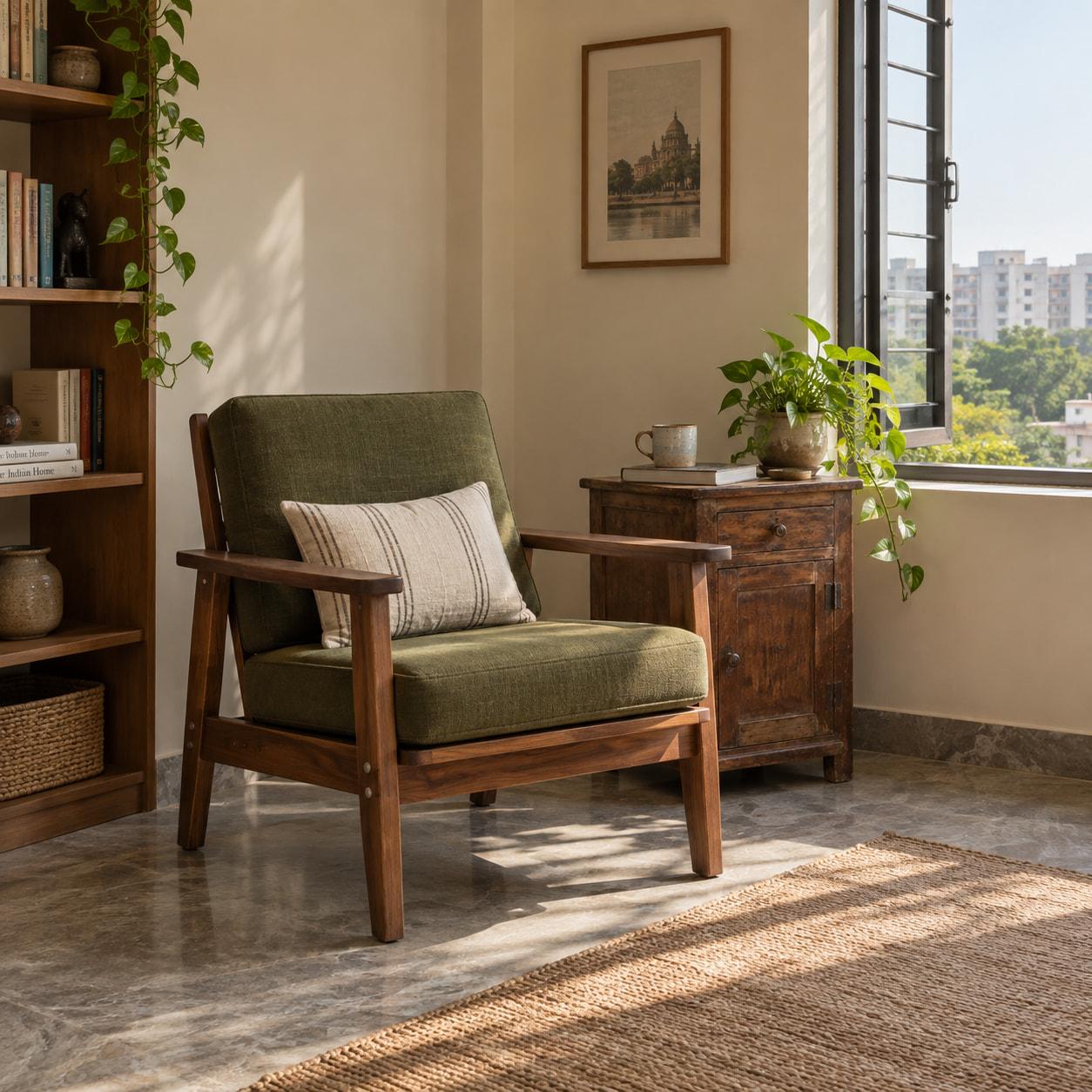 Reading corner concept with a timber armchair, replaceable cushions, a freestanding cabinet, and an openable window