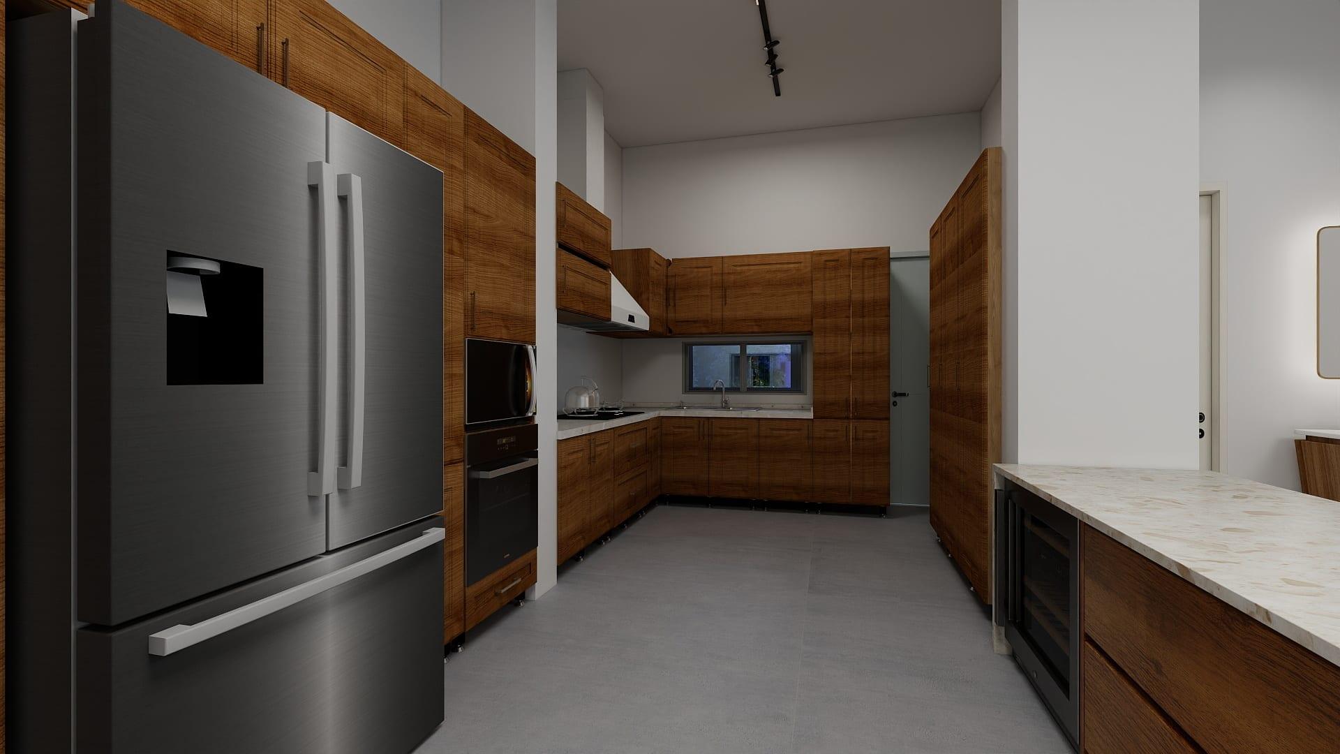 Design visualisation of the enlarged kitchen with timber cabinetry, an integrated refrigerator, a window above the sink, and a pale island worktop