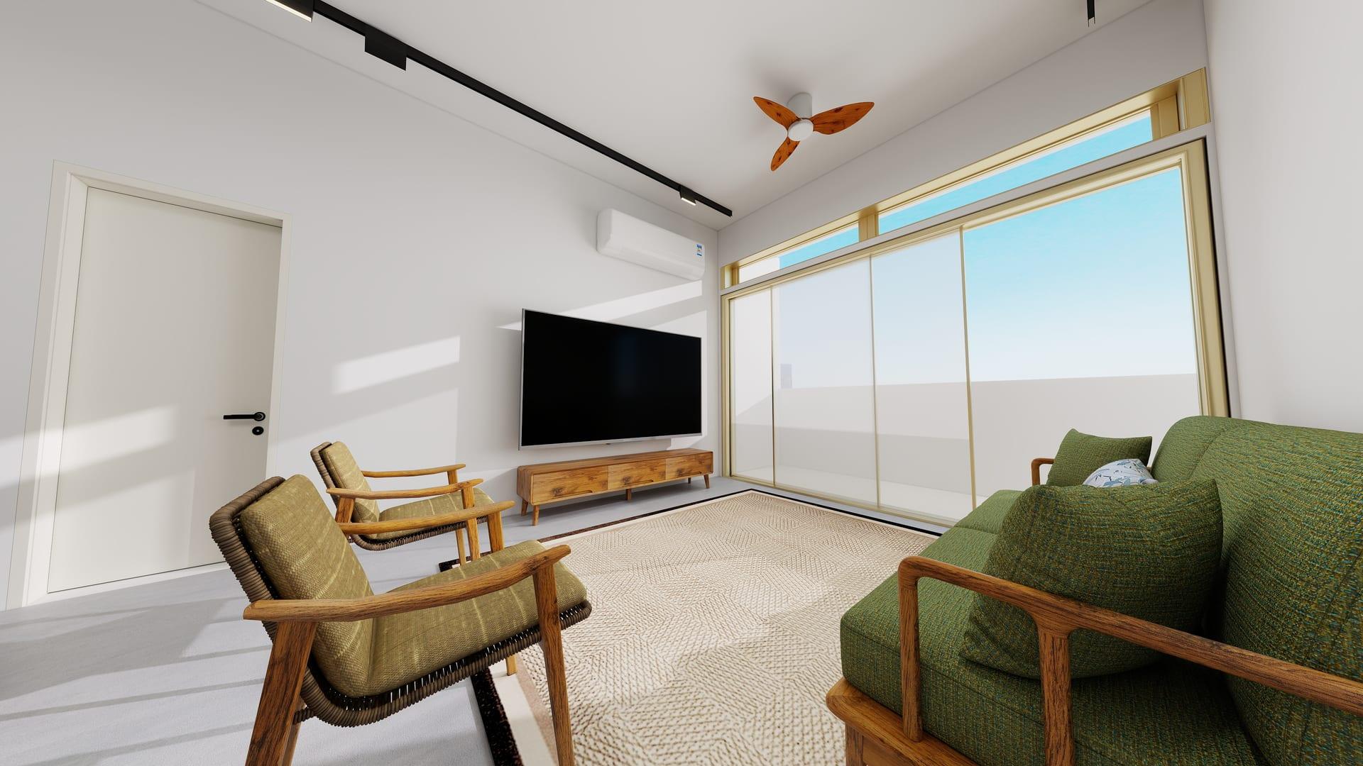 Design visualisation of the living room with a green sofa, timber armchairs, a television console, ceiling track lighting, and a ceiling fan