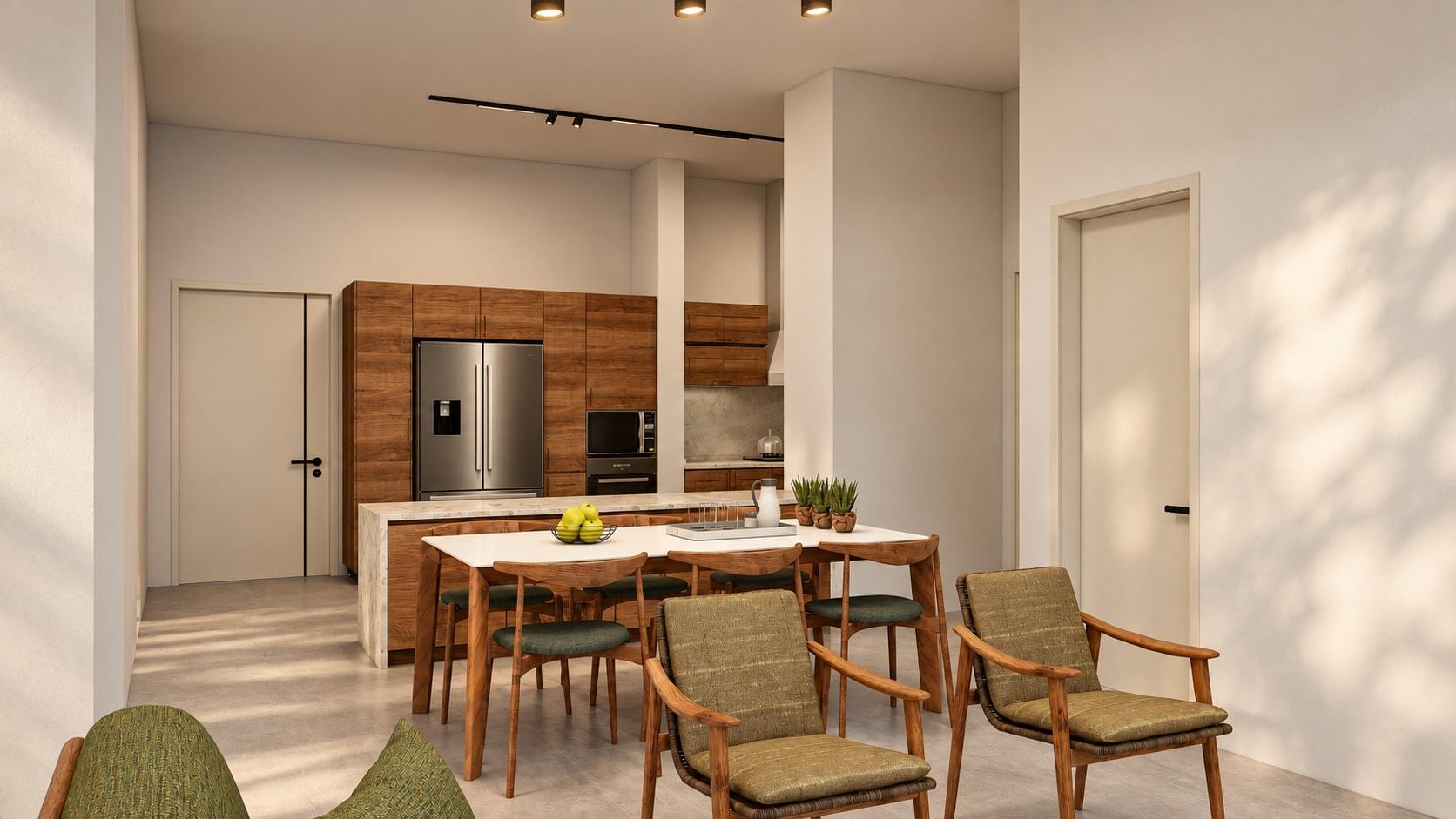 AI-enhanced design visualisation of the proposed apartment, with olive-upholstered timber lounge chairs, a pale dining table, and an open timber kitchen in warm daylight