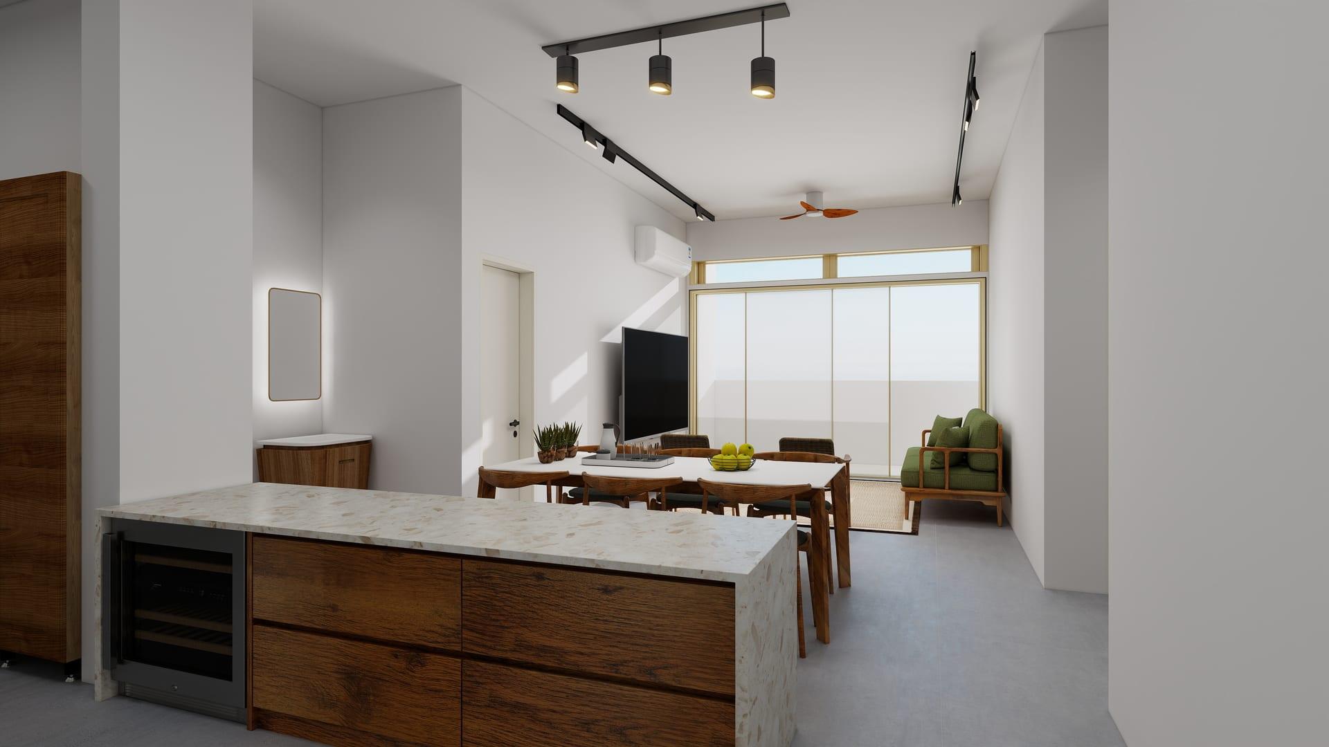 Full-width design visualisation looking across the kitchen island toward a timber wash vanity and illuminated mirror on the left, with dining and living beyond
