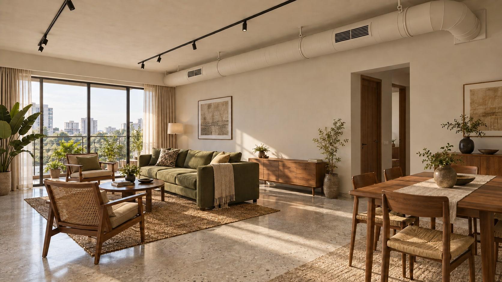 Interior concept with ceiling-mounted lights and visible air-conditioning ducts