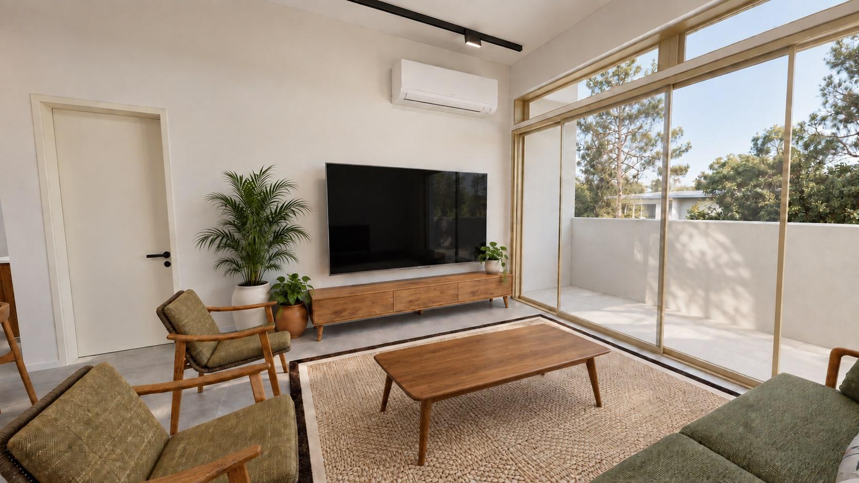 Living room concept with a freestanding TV console, plants, and a coffee table