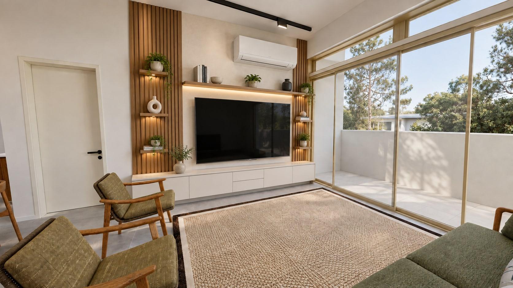 Living-room visualisation with a decorative timber-slat TV wall, lit display shelves, and fitted white cabinets, alongside olive chairs and balcony glazing