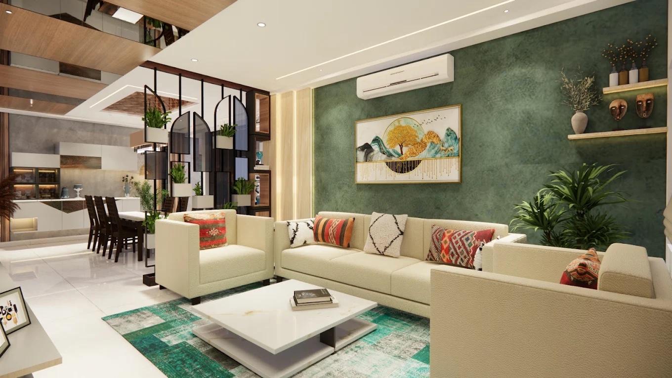 Open-plan living room with a bulky cream sofa, two deep box-like seats, and a large square coffee table filling the rug