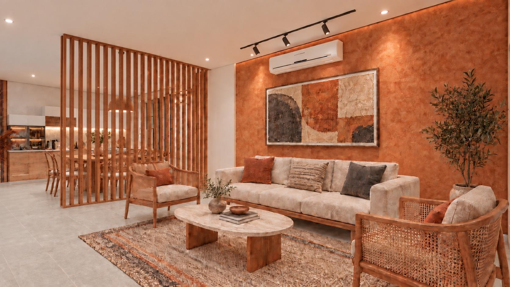 A warm contemporary living room with light Kota stone flooring, a flat ceiling, clay plaster, an oak screen, and woven furniture