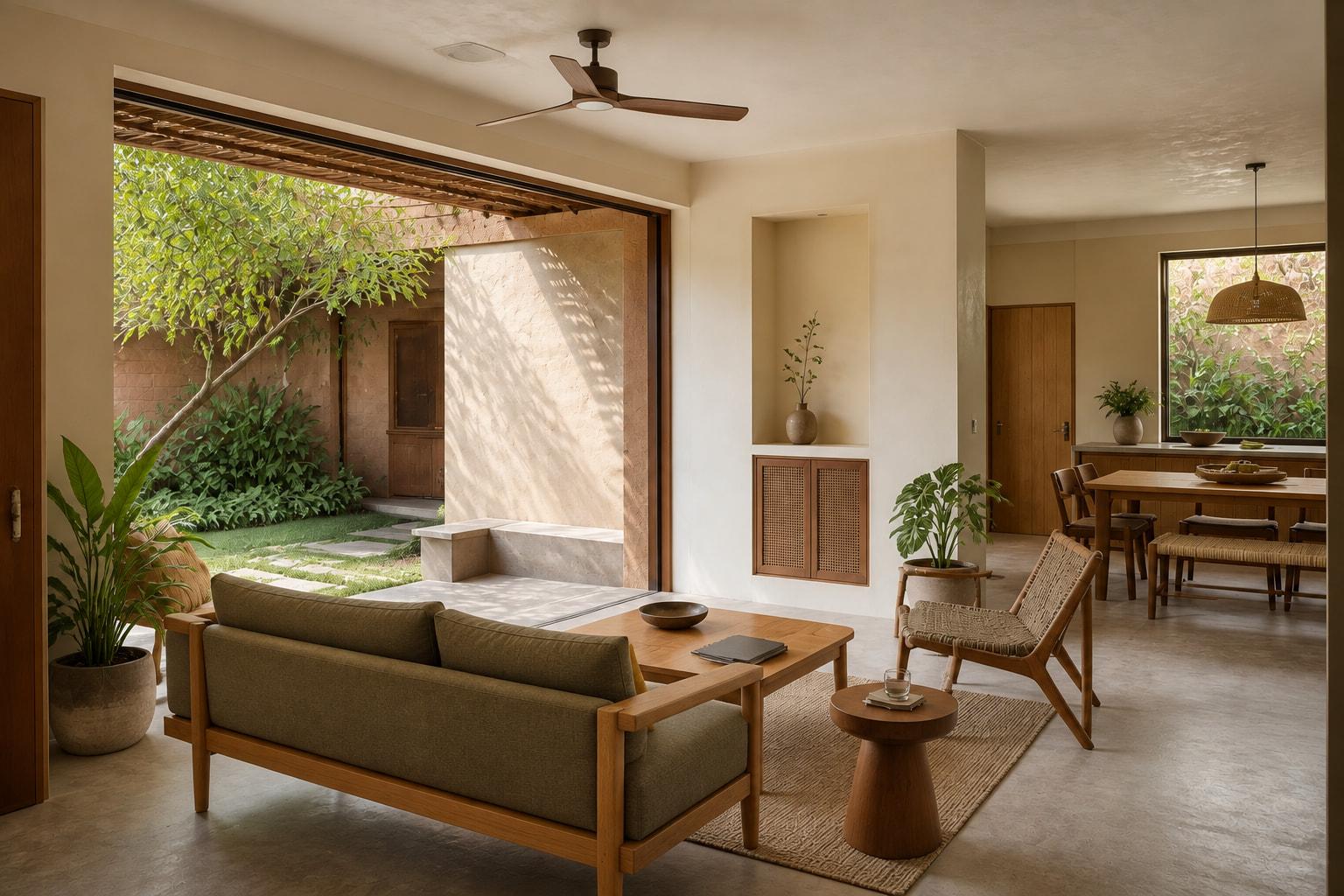 Interior design concept with an olive sofa, clearly defined timber armrests, a courtyard, and a dining area